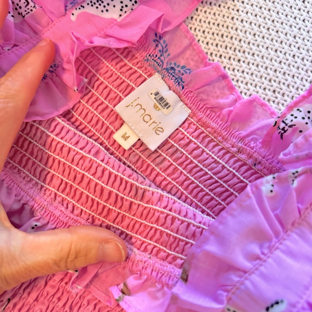 J. MARIE Remi Ruched Smocked Pink & Purple Leopard Palm Tree Ruffle Top Blouse - Picture 11 of 15